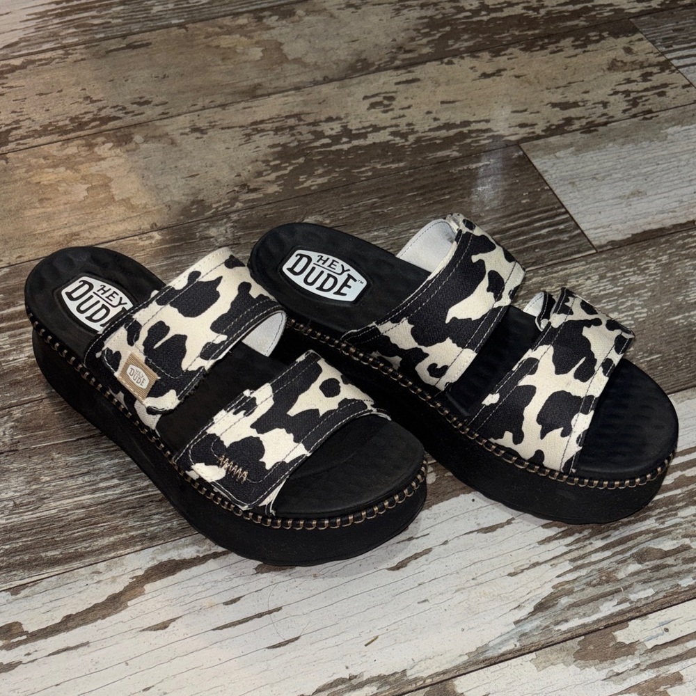 Hey Dude Black and White Cow Print Sandal Slides